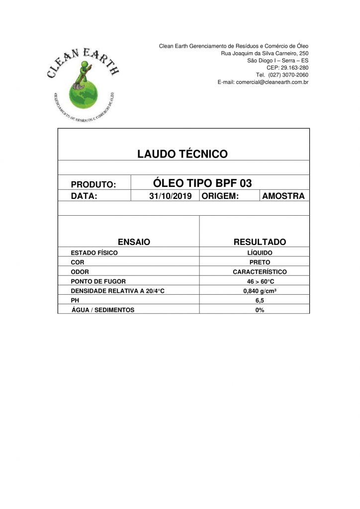 Laudo tecnico Óleo tipo BPF 03-1